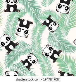 Panda and leaves seamless pattern on white background.Popular background with panda. Kids fashion seamless vector pattern with panda. Cute happy adorable Panda pattern.