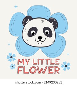 Panda with lettering. Cute character for kids, greeting or invitation card. Exotic animals, nature, flora and fauna. Picture for printing on children clothing. Cartoon flat vector illustration