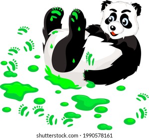 panda lies on his back with his paws smeared in green paint, a series of funny pandas, panda spilled paint and left blots and paws on the floor 