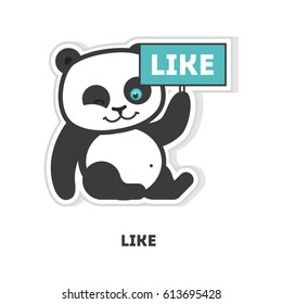 Panda with like board. Blue like sign. Isolated cartoon sticker.