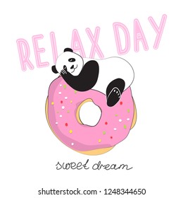 Panda likes donuts. Cool sticker for patch, poster, diary, laptop or smartphone. Fashion for teenagers. Vector illustration