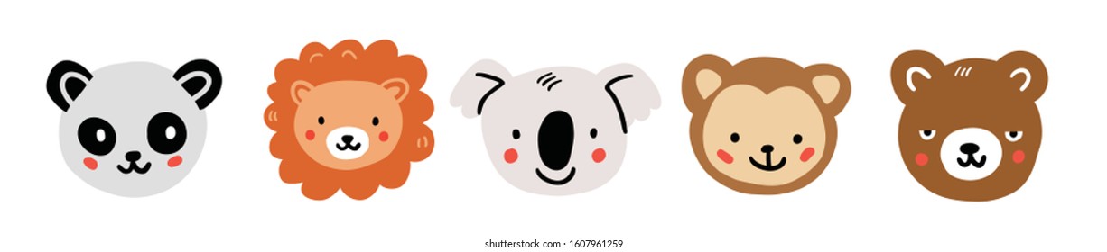 Panda, lion, koala, monkey, bear round face head icon set. Cute cartoon animals. Funny baby kids print. Flat design. White background Isolated