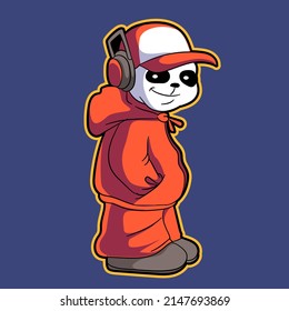 panda listen music headphones mascot illustration