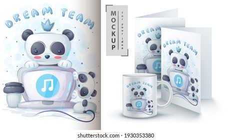 Panda listening to music poster and merchandising. Vector eps 10