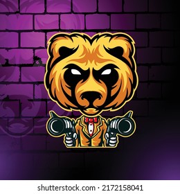 Panda logo carrying gun with simple and elegant design, simple brick wall background