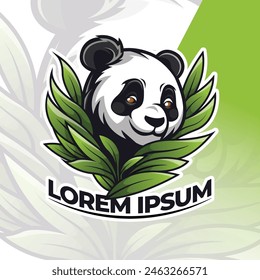 Panda logo design vector, Cute panda head logo mascot with bamboo leaf, panda bear icon vector.