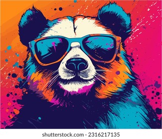 Un panda que se ve a la moda con gafas de sol oscuras, representado en un estilo de arte pop vibrante y juguetón