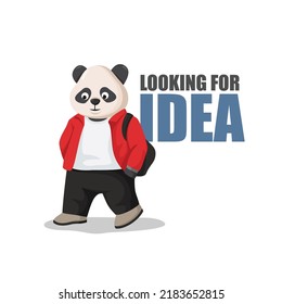 Panda is looking for ideas  walking down the street and his hands in his pockets carrying backpack  simple style  panda cartoon for t  shirt  website   banner
