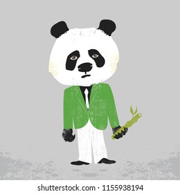 Panda looking sad holding bamboo.