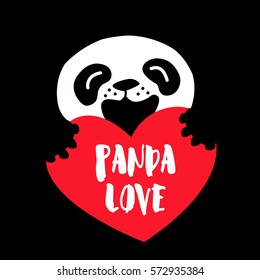 Panda Love. Cartoon bear and big red heart on black background. Vector