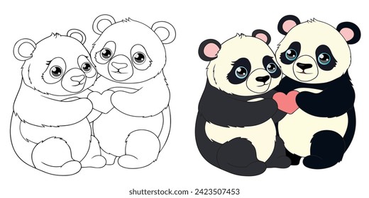 Panda love coloring book, Vector illustration of panda and heart color and black and white