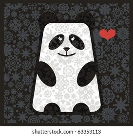 Panda in love with flowers. Vector illustration of cute chinese symbol. Bear pet in the garden with floral heart.