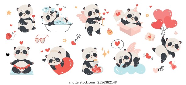 Panda in love. Funny pandas with hearts and gifts. Saint valentines day characters, exotic asian animals dreaming, take a bath, meditation, nowaday vector characters