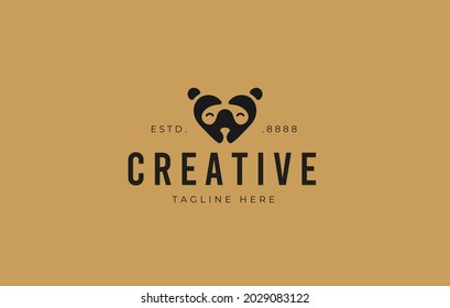 Panda Love Logo Design. Minimalist Panda Head Animal Negative Space Flat Art Icon Design Template