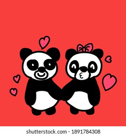 Panda Love Valentine Cartoon cute object animal. Two Panda