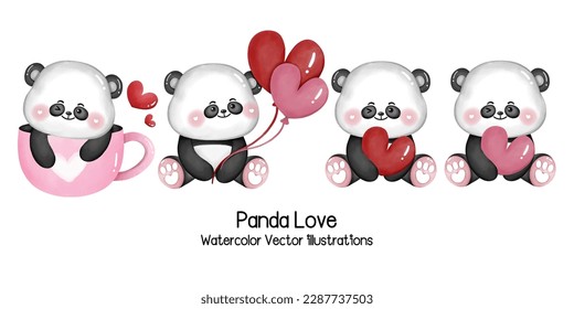 Panda love watercolor vector illustration