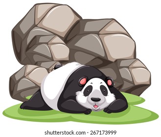 Panda lying in front of huge rocks