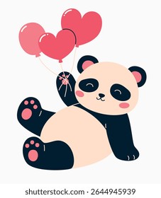 Panda lying and holding pink balloons. Valentine's Day image. Flat vector illustration.