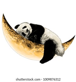 Panda lying on the Crescent moon sketch vector graphics monochrome drawing