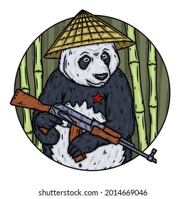 Panda mit Maschinengewehr auf dem Hintergrund des Dschungels