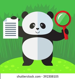 Panda with magnifier glass and document searching. Flat style vector illustration on Green background. National emblem of China