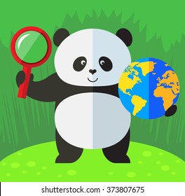 Panda with magnifier glass and globe. Global search. Flat style vector illustration on Green background. National emblem of China