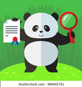 Panda with magnifier glass and graduation diploma. Flat style vector illustration on Green background. National emblem of China
