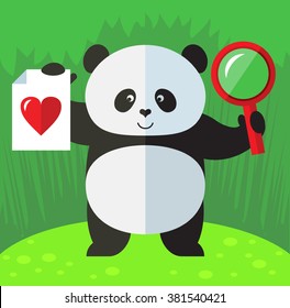 Panda with magnifier glass and heart icon. Online Dating. Flat style vector illustration on Green background. National emblem of China
