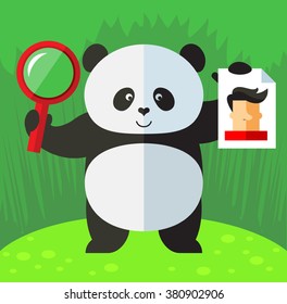 Panda with magnifier glass and person photo. Searching. Flat style vector illustration on Green background. National emblem of China