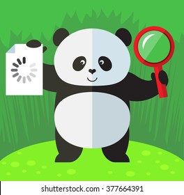 Panda with magnifier glass and preloaded icon. Searching. Flat style vector illustration on Green background. National emblem of China