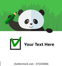Panda making green check mark in check box. Voting. Right Choice. Flat style vector illustration on Green background. National emblem of China