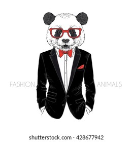 panda man dressed up in tuxedo, furry art illustration, fashion animals, hipster animals