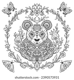 Panda mandala. Animal Vector illustration. Adult or kids coloring book page in Zen boho style. Antistress Peaceful drawing. Black and white