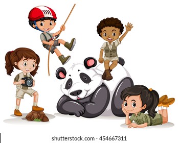 Panda and many children illustration