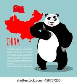 Panda and map and flag of China. Chinese medvde showing thumbs up and winking. Good animal sign okay.