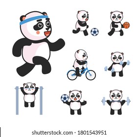 Panda mascot doing various sports set. Cute panda running, playing football, basketball, riding bike and showing other actions. Vector illustration bundle
