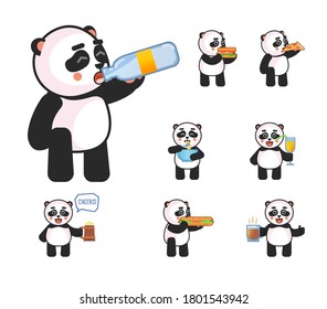 Panda mascot eat fast food and drink various drinks set. Cute panda eating hamburger, pizza, sandwich, drinking tea, coffee, juice and showing other actions. Vector illustration bundle