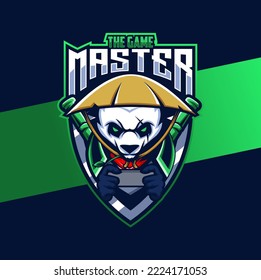 panda mascot e-sport logo design with master style character for gamer and sport