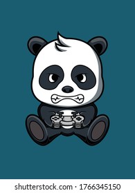 Panda Mascot, he is very enthusiastic about the game, he holds the game controller seriously and looks excited.