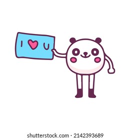 Panda mascot holding sign with i love you typography, illustration for t-shirt, street wear, sticker, or apparel merchandise. With doodle, retro, and cartoon style.