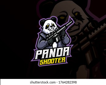 Panda Mascot Sport Logo Design. Panda Warrior Mascot Vector Illustration Logo. Wild Panda Mascot With Gun, Emblem Design For Esports Team. Vector Illustration