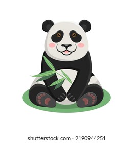 Panda mascot in vector. A cute teddy bear is sitting with a bamboo in his hands. Cartoon children's illustration for flyers, clothes, cards.