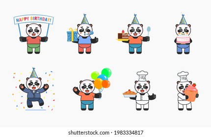 Panda mascots in birthday party set. Cute panda holding birthday banner, cake, balloons, celebrating and showing other actions. Vector illustration bundle