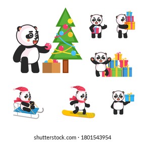 Panda mascots in Christmas set. Cute panda decorating Christmas tree, holding gift box, riding sleigh, snowboarding and showing other actions. Vector illustration bundle