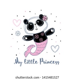 Panda mermaid. Sweet girl. Little princess. Vector
