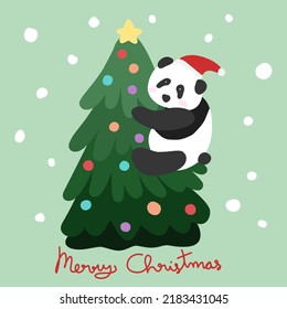 Panda Merry Christmas tree cartoon vector illustration	