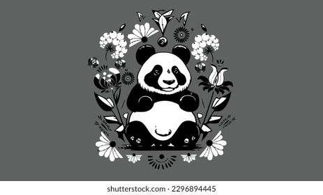 Panda in a minimalist style combined with Ukrainian folk ornament - Petrykiv painting