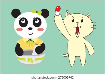panda with mortar and cat pick capsule cartoon vector