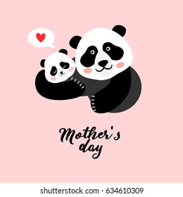Panda mother and a baby, Mothers Day greeting card, vector illustration