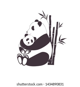 Panda mother hugging baby panda, love between mom and her child, caring and nursery concept. Black and white vector illustration with easily editable background color, eps8 format